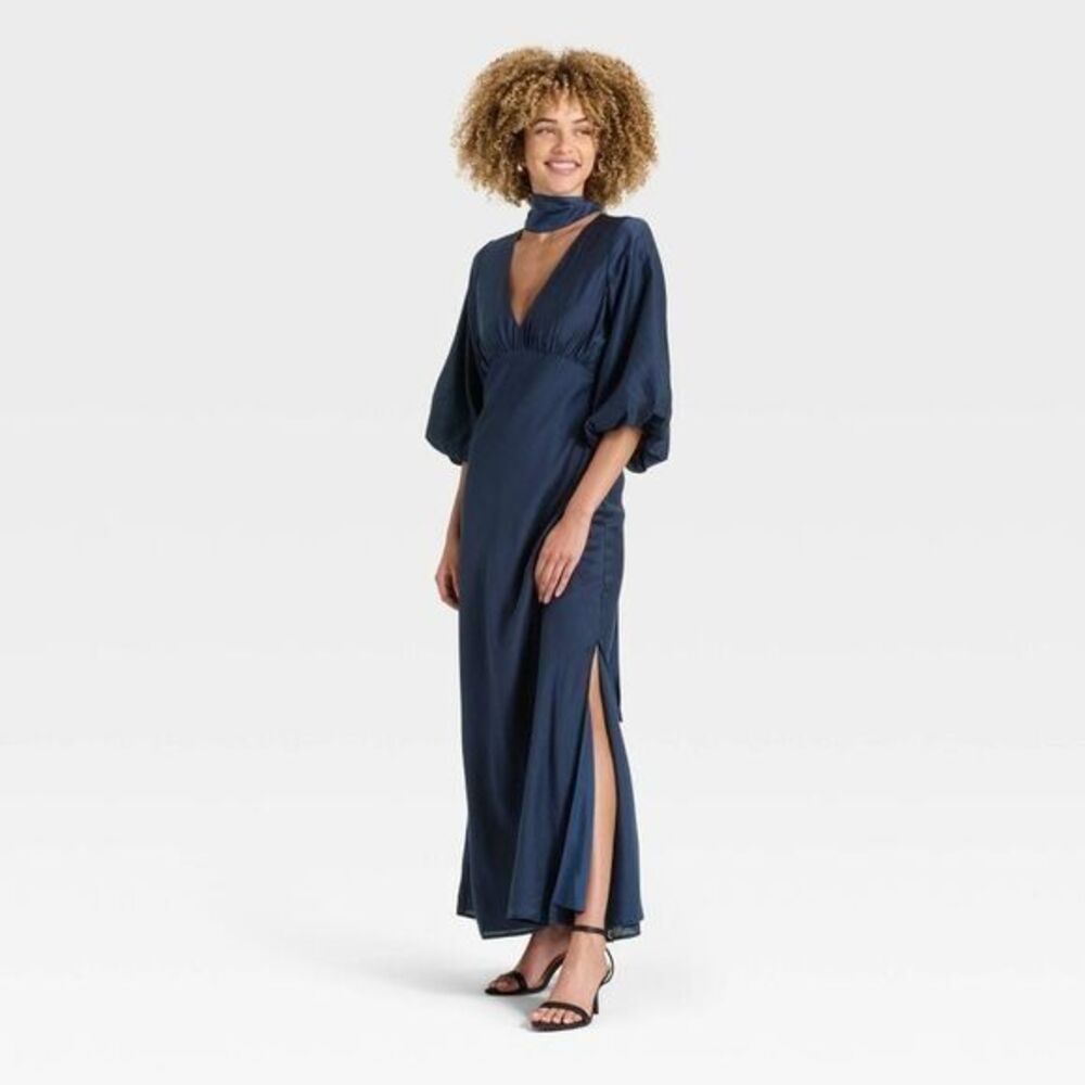 Women's Flutter 3/4 Sleeve Tie Neck Maxi Dress - A New Day Navy Blue S - Picture 2 of 4